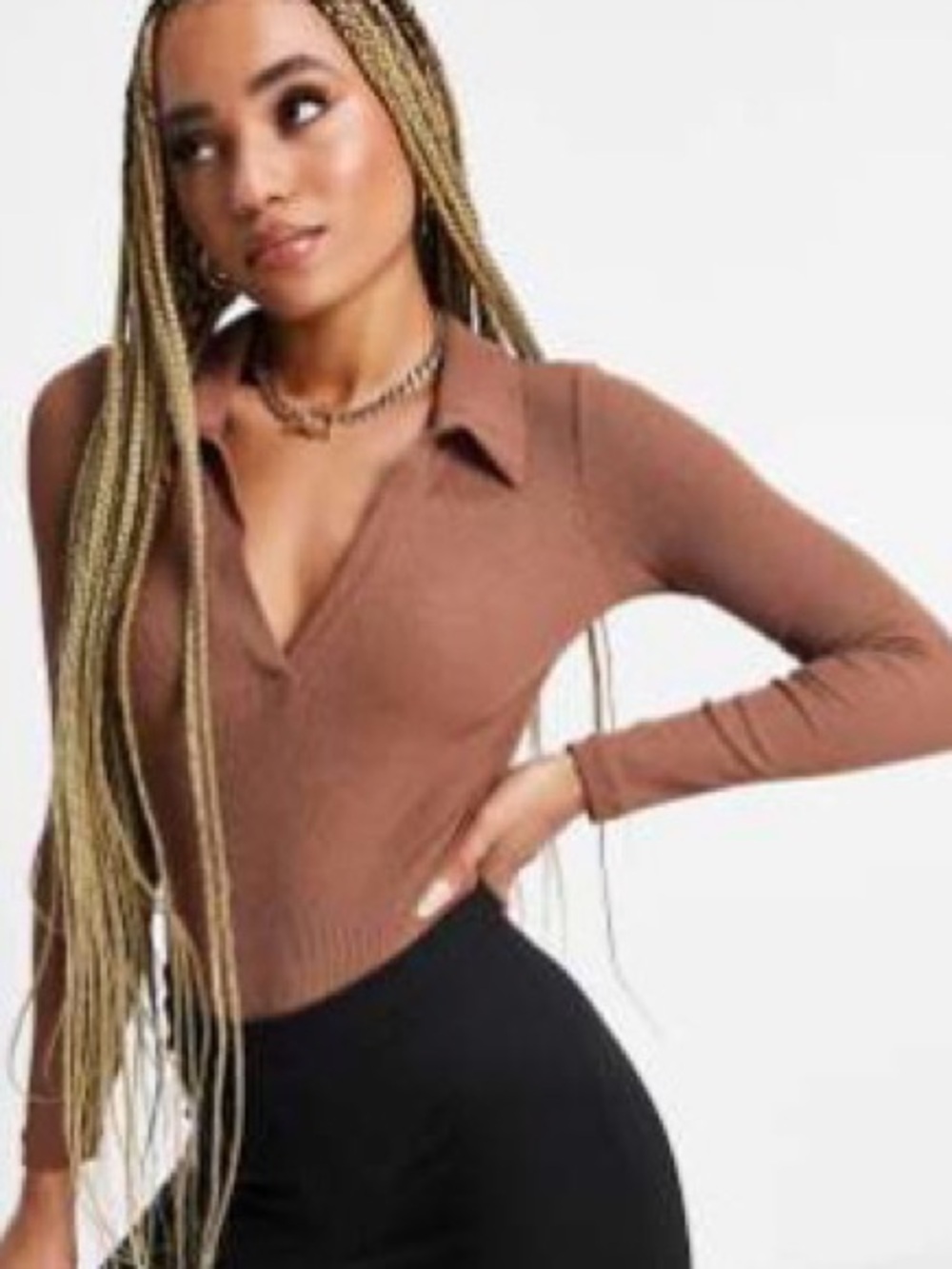🧸 ASOS Brown Long-Sleeve Collared V-Neck Bodysuit BRAND NEW 🧸